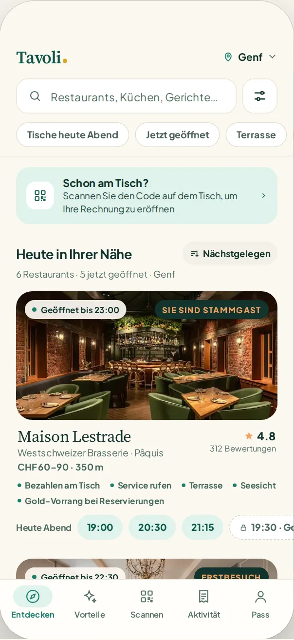 Tavoli-App: Genfer Restaurants entdecken, einen Tisch reservieren oder den Code am Tisch scannen