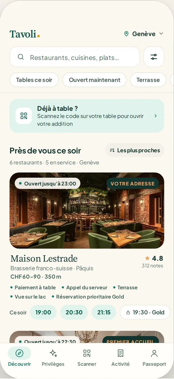 App Tavoli : restaurants de Genève à réserver, ou le code à scanner sur votre table