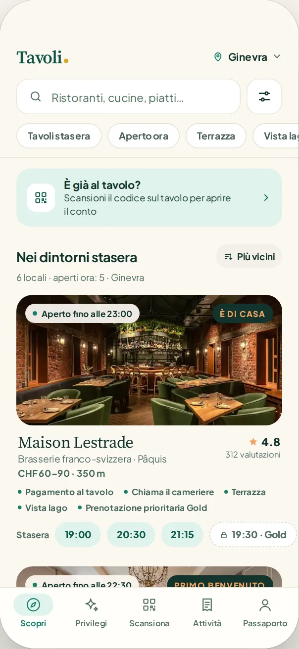 App Tavoli: scopra i ristoranti di Ginevra, prenoti un tavolo o scansioni il codice sul tavolo