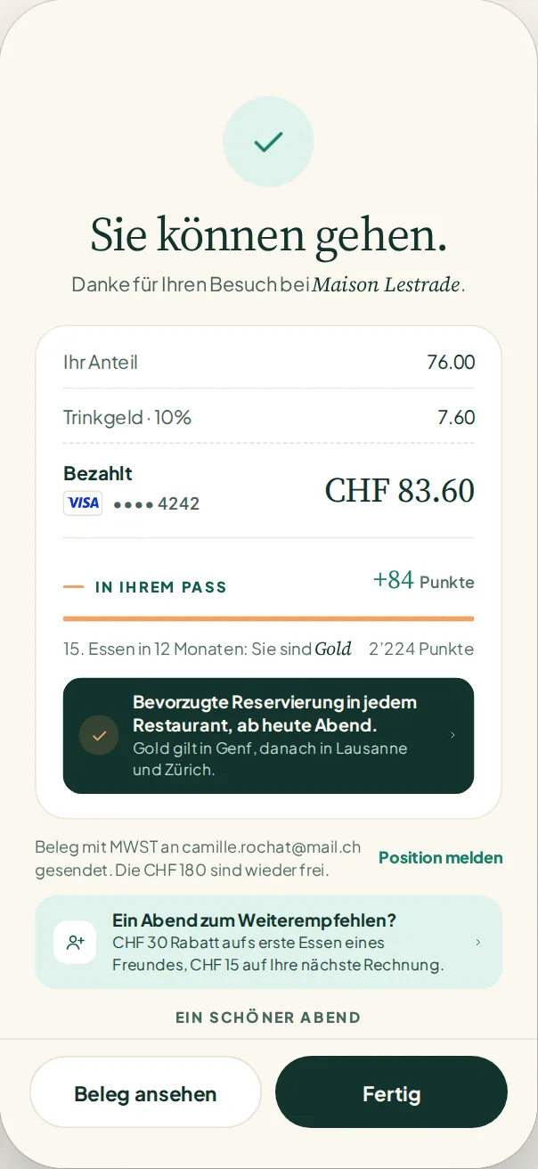 Tavoli-App: Rechnung per Handy bezahlt, Ihr Anteil plus 10 % Trinkgeld, Beleg mit MWST per E-Mail