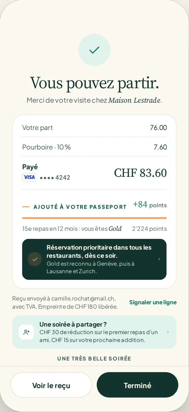 App Tavoli : addition réglée sur le téléphone, votre part et 10 % de pourboire, reçu avec TVA par e-mail