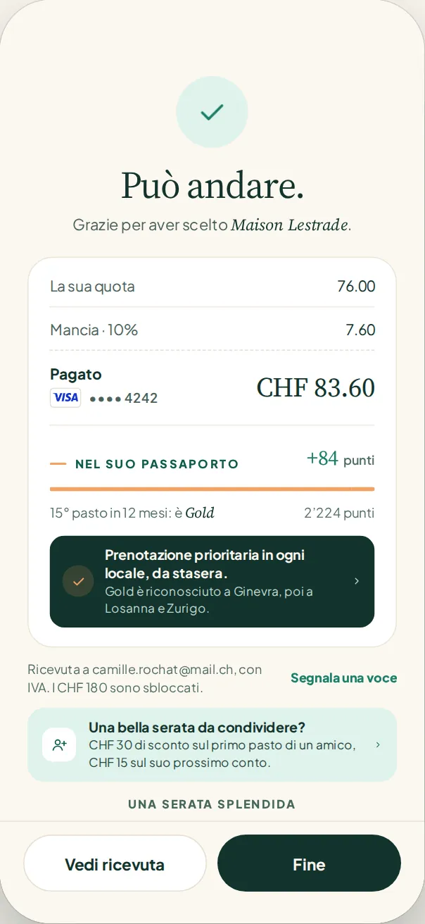 App Tavoli: conto pagato dal telefono, la sua quota più il 10 % di mancia, ricevuta con IVA via e-mail
