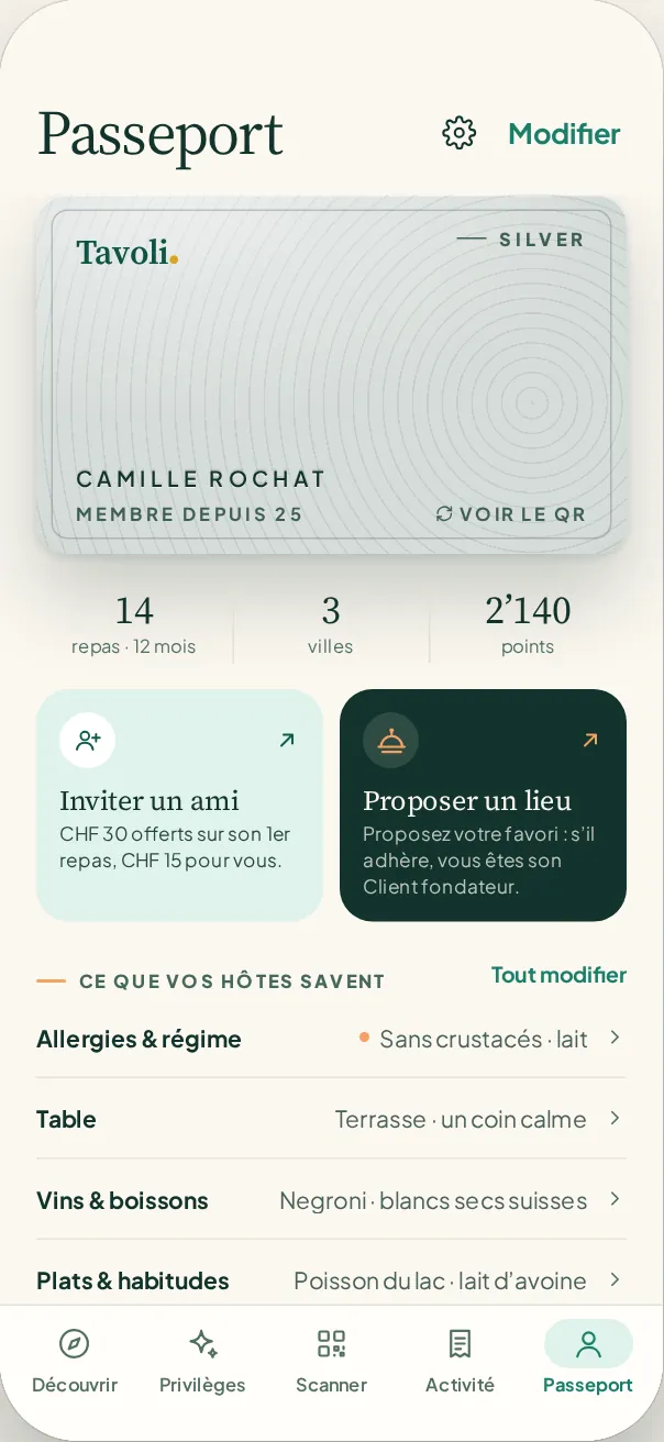 App Tavoli : passeport avec votre statut, vos allergies et les préférences que voient les restaurants